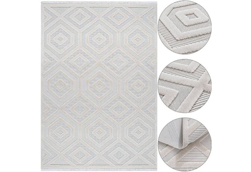 Teppich Wohnzimmer 3D Designer Kurzflor Hochflor Boho, Mynes Home, rechteckig, Geometrisch, Abstrakt, Beige, Raute von Mynes Home