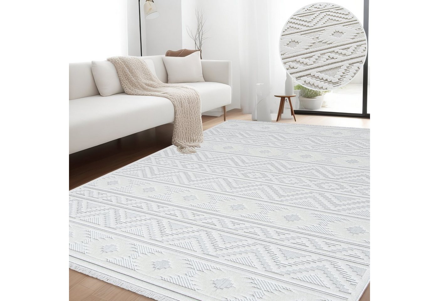 Teppich Wohnzimmer 3D Kurzflor Hochflor Boho, Mynes Home, rechteckig, Geometrisch, Beige, Weiß, Modern, Florhöhe 6-12 mm von Mynes Home