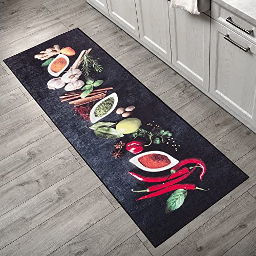 Mynes Home waschbarer Küchenteppich - Pflegeleichter Küchenläufer mit Rutschfester Latexunterlage - Tolle Teppich Designs für Küche, Waschmaschinengeeignet - Gewürze Anthrazit, 50x240 cm von Mynes