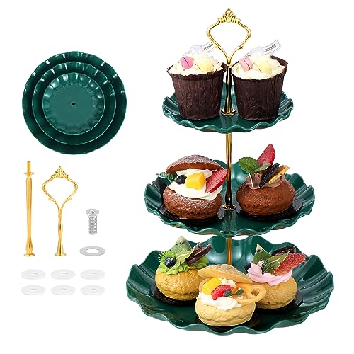 Mynoozi 2 Stück 3 Etagen Cupcake Ständer Dessert Tablett, Etagere Dessert Ständer, Wiederverwendbare Gestaffelt KuchenStand, Tortenständer für Hochzeit Geburtstag Tea Party (Dunkelgrün) von Mynoozi