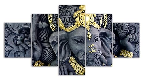 3D Leinwandbilder 5 Teile XXL Vlies Leinwand Bilder Dekoration Elefantengott Ganesha Malerei Bild Auf Leinwand 5Tlg Bilder Mehrteilig Zum Aufhängen 150×80Cm (Mit Rahmen) von Myrdsio