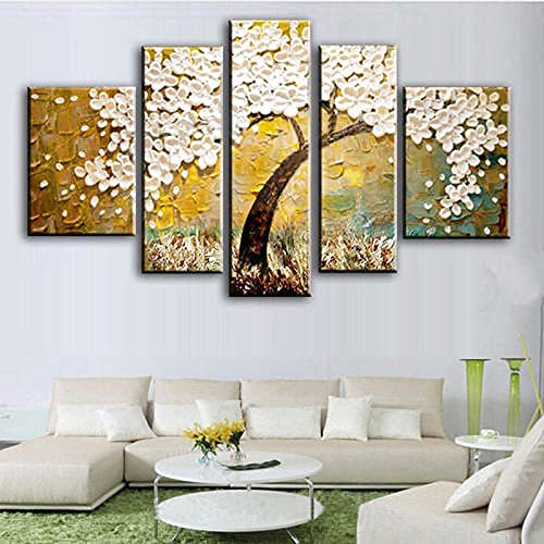 3D Leinwandbilder 5 Teile XXL Vlies Leinwand Bilder Dekoration Handbemalte Abstrakte Weiße Blumen Bild Auf Leinwand 5Tlg Bilder Mehrteilig Zum Aufhängen Mit Rahmen von Myrdsio