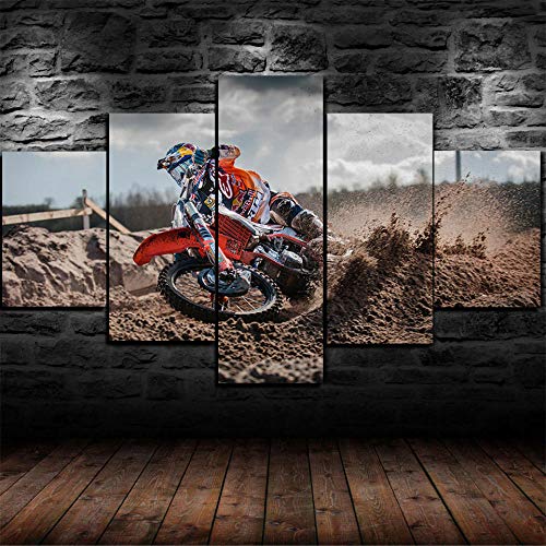 3D Leinwandbilder 5 Teile XXL Vlies Leinwand Bilder Dekoration Moto-Cross Bild Auf Leinwand 5Tlg Bilder Mehrteilig Zum Aufhängen Mit Rahmen von Myrdsio