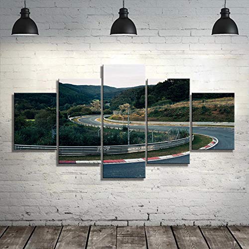 3D Leinwandbilder 5 Teile XXL Vlies Leinwand Bilder Dekoration Nürburgring Rallye Straßensportwagenbahn Bild Auf Leinwand 5Tlg Bilder Mehrteilig Zum Aufhängen 150×80Cm (Mit Rahmen) von Myrdsio