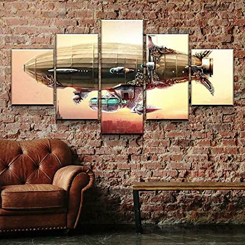 3D Leinwandbilder 5 Teile XXL Vlies Leinwand Bilder Dekoration Sci-Fi-Luftschiff Steampunk Bild Auf Leinwand 5Tlg Bilder Mehrteilig Zum Aufhängen Mit Rahmen von Myrdsio