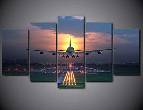3D Leinwandbilder 5 Teile XXL Vlies Leinwand Bilder Dekoration Sonnenuntergang Flugzeug Landung 5 Stück Bild Auf Leinwand 5Tlg Bilder Mehrteilig Zum Aufhängen 150×80Cm (Mit Rahmen) von Myrdsio