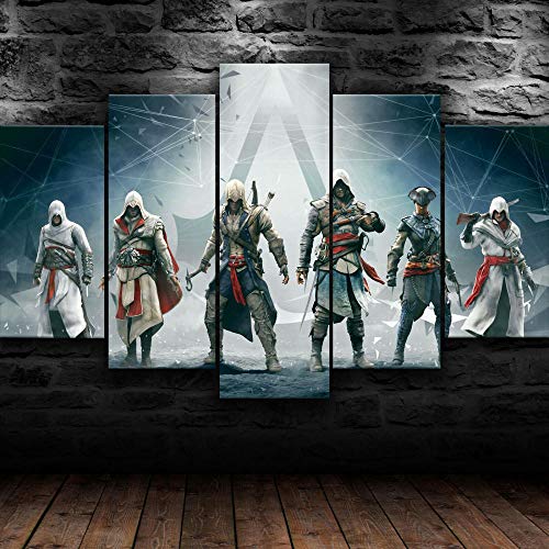 Leinwanddrucke 5 Stück Kunstdruck Wandbild 150×80Cm Assassins Creed Ezio Edward Mehrteilig Aufhängen Bilder Für Wohnzimmer Wohnkultur,Hd Gedruckt Rahmen Segeltuch Malerei von Myrdsio