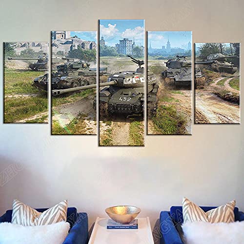 Leinwanddrucke 5 Stück Kunstdruck Wandbild 150×80Cm World of Tanks Spiel Wandkunst Malerei Mehrteilig Aufhängen Bilder Für Wohnzimmer Wohnkultur,Hd Gedruckt Rahmen Segeltuch Malerei von Myrdsio
