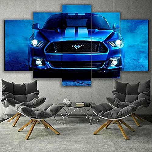 Leinwanddrucke 5 Stück Kunstdruck Wandbild Shelby Mustang Blaues Auto Mehrteilig Aufhängen Bilder Für Wohnzimmer Wohnkultur,Hd Gedruckt Rahmen Segeltuch Malerei von Myrdsio