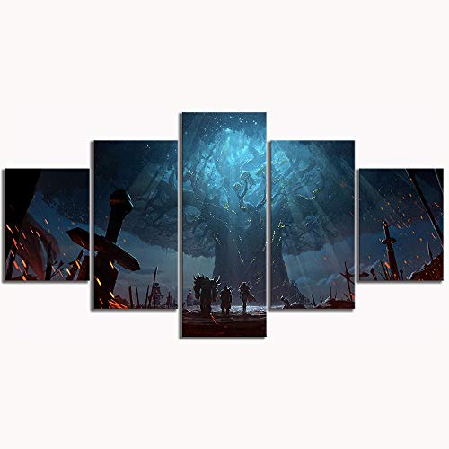 Leinwanddrucke 5 Stück Kunstdruck Wandbild World Warcraft Battle Azeroth Ansatz Zum Teldrassil-Spiel Mehrteilig Aufhängen Bilder Für Wohnzimmer Wohnkultur,Hd Gedruckt Rahmen Segeltuch Malerei von Myrdsio