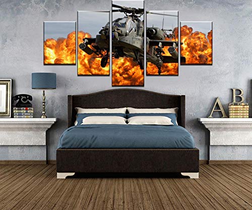 Myrdsio Bilder 5 Teilig Leinwandbilder 3D XXL Vlies- Wandbild, Boeing Ah-64 Apache Hubschrauber Kanonenschiffe Gemälde,Aufhängbar,Größen 150X80Cm Holz Rahmen von Myrdsio