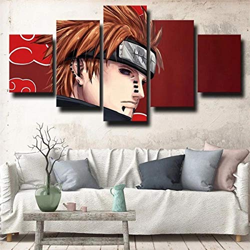 Myrdsio Kunstdrucke Gemälde 5 Teilig Leinwand Drucke,Wand Für Zuhause Malerei Wohnzimmer Wohnung Deko Modulare Bilder Naruto Akatsuki Pain Red Hd Gedruckt Poster,Mit Rahmen von Myrdsio