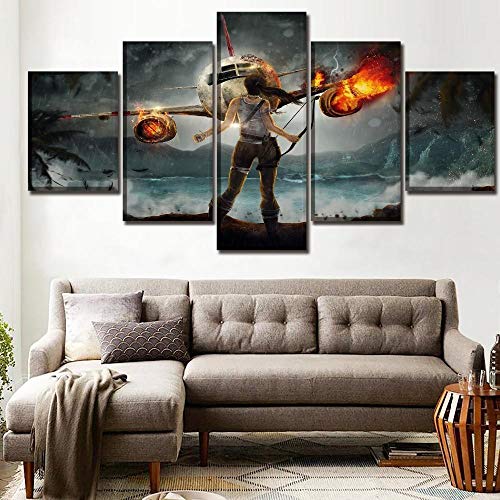 Myrdsio Kunstdrucke Gemälde 5 Teilig Leinwand Drucke,Wand Für Zuhause Malerei Wohnzimmer Wohnung Deko Modulare Bilder Spiel Tomb Raider Poster Flugzeug Und Lara Croft Hd Gedruckt Poster,Mit Rahmen von Myrdsio