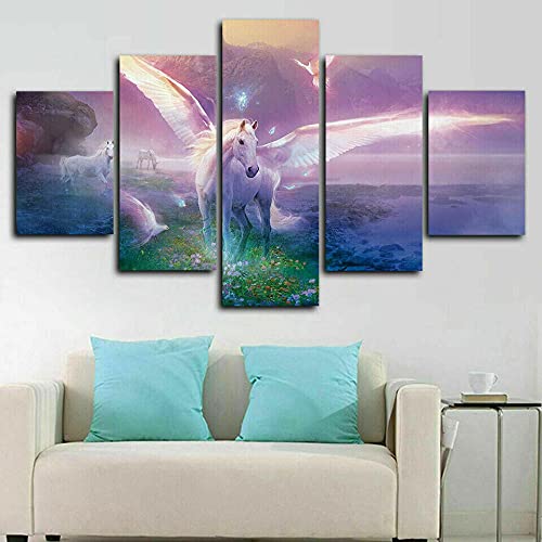 Myrdsio Kunstdrucke Gemälde 5 Teilig Leinwand Drucke,Wand Für Zuhause Malerei Wohnzimmer Wohnung Deko Modulare Bilder Traum Einhorn Flügel Hd Gedruckt Poster,Mit Rahmen von Myrdsio