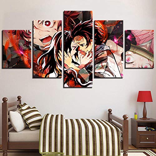 Myrdsio Kunstdrucke Gemälde 5 Teilig Leinwanddrucke,Wand Für Zuhause Leinwand Malerei Wohnzimmer Wohnung Deko Modulare Bilder Anime Role Demon Slayer Hd Gedruckt Poster, Mit Rahmen 150X80Cm von Myrdsio