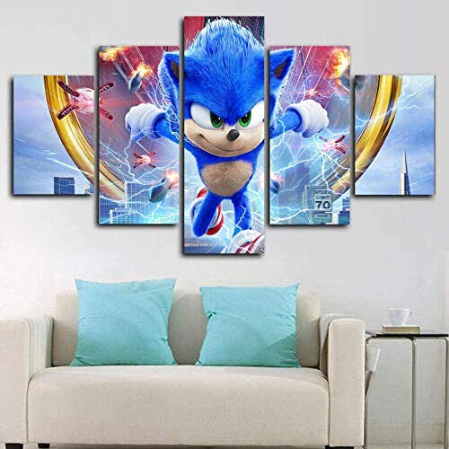 Myrdsio Leinwanddrucke Modern Home Wand Dekor Blue Sonic 5 Stück Leinwände Drucken Modulare Bild Kunst Hd Malerei Kunstwerke,Fertig Zum Aufhängen(Mit Rahmen) von Myrdsio