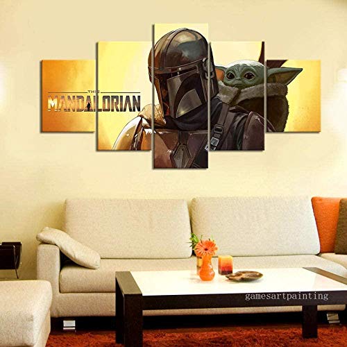 Myrdsio Leinwanddrucke Modern Home Wand Dekor Film Mandalorian Baby Yoda 5 Stück Leinwände Drucken Modulare Bild Kunst Hd Malerei Kunstwerke,Fertig Zum Aufhängen(Mit Rahmen) von Myrdsio