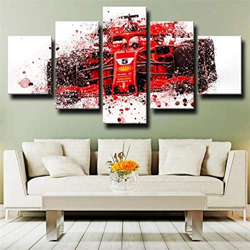 Myrdsio Leinwanddrucke Modern Home Wand Dekor Formel 1 Ferrari Auto Rot 5 Stück Leinwände Drucken Modulare Bild Kunst Hd Malerei Kunstwerke,Fertig Zum Aufhängen(Mit Rahmen) von Myrdsio