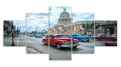 Myrdsio Leinwanddrucke Modern Home Wand Dekor Havanna Kuba Rotes Blaues Auto In Der Stadt 5 Stück Leinwände Drucken Modulare Bild Kunst Hd Malerei Kunstwerke,Fertig Zum Aufhängen von Myrdsio
