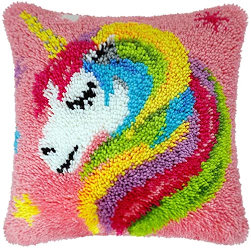 Myriad Choices Knüpfteppich Zum Selber Knüpf-Sets mit Kissen knüpfen-Set 43x43cm Kissenbezug-Set für Erwachsene und Kinder Latch Hook Kit Heimaccessoire, Wandkunst (Elefant) (Regenbogen-Einhorn) von Myriad Choices