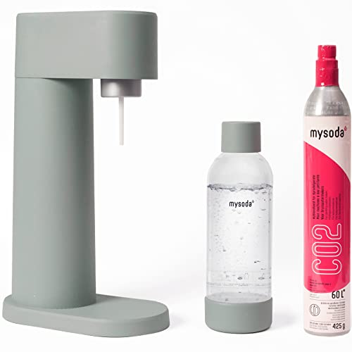 Mysoda: Woody Set - Wassersprudler aus erneuerbarem Holzkomposit mit 1L Quick-Lock BPA-freier Plastikflasche und CO2-Zylinder - Salbeigrün (Pigeon) von Mysoda