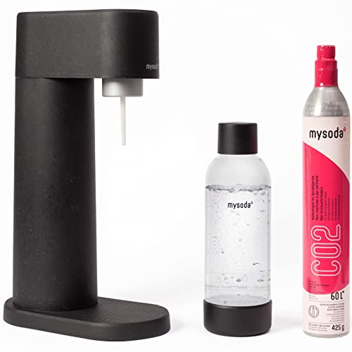 Mysoda: Woody Set - Wassersprudler aus erneuerbarem Holzkomposit mit 1L Quick-Lock BPA-freier Plastikflasche und CO2-Zylinder - Schwarz von Mysoda