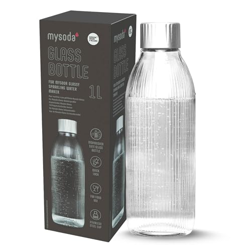 Mysoda: Wiederverwendbare 1 Liter Glasflasche aus robustem Recyclingglas mit einem Deckel aus langlebigem Aluminium, kompatibel nur mit Glassy Wassersprudler von Mysoda