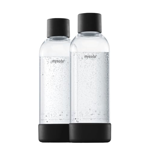 Mysoda: Wiederverwendbare Wasserflasche für Wassersprudler, BPA-freies Plastik, mit "Quick-Lock"-Schnellverschluss, Details aus Holzkomposit, 2 x 1L - Schwarz von Mysoda