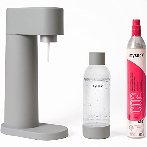 Mysoda: Woody Set - Wassersprudler aus erneuerbarem Holzkomposit mit 1L Quick-Lock BPA-freier Plastikflasche und CO2-Zylinder - Grau von Mysoda