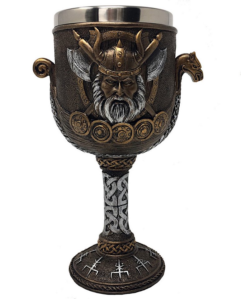 MystiCalls Becher Wikingerkelch Vikings Kelch Met Wikinger, Polyresin, Herausnehmbarer Metalleinsatz von MystiCalls