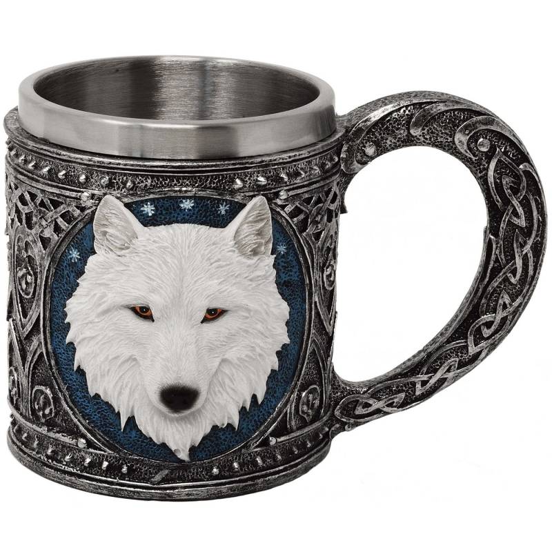 MystiCalls Bierkrug Krug weisser Wolf - Met, Bier, Polyresin, Fassungsvolumen ca. 400 ml von MystiCalls