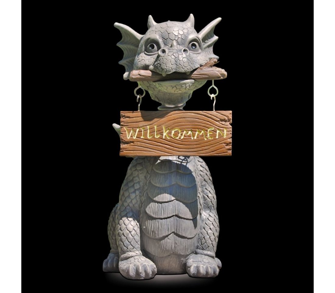 MystiCalls Gartenfigur Gartendrache - Modell Willkommen - Dekofigur, (Einzelartikel, 1 St), Für Drinnen und Draußen, wetterfest, nicht frostfest von MystiCalls