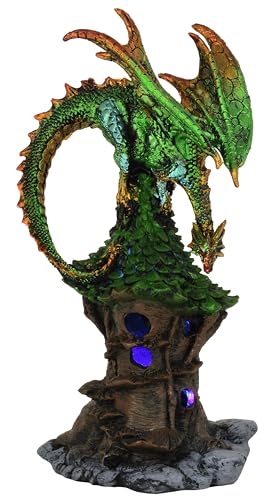 MystiCalls Grüner Drache auf Waldhaus mit LED - Walddrache Drache Drachenfigur Fantasy Fantasyfigur Dekoration von MystiCalls
