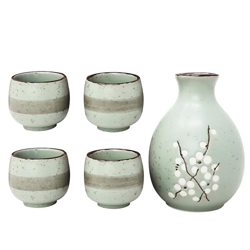 MystiCalls Japanisches Sake-Set 5-teilig, 1 Sake Karaffe warm/kalt 4 Sake Becher, Handgemalte Kirschblüten auf Keramik, Geschenkset, Sake Set für 4 Personen von MystiCalls