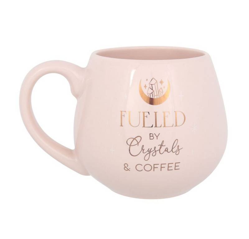 MystiCalls Tasse Tasse mit Aufdruck "Fueled by Crystals & Coffee" Kristall Esoterik, New Bone China, 500ml Fassungsvolumen von MystiCalls