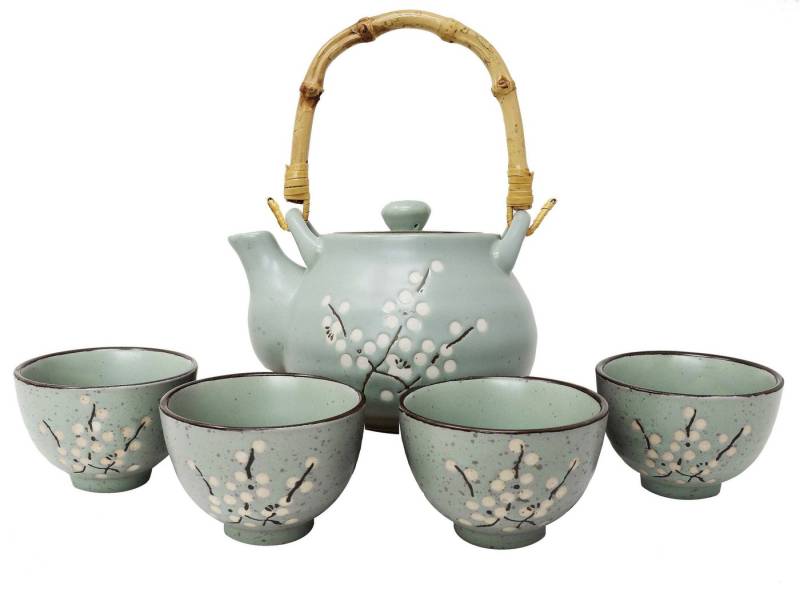 MystiCalls Teeservice Japanisches Tee Set für 4 Personen zartem Kirschblüten Design (4-tlg), 4 Personen, Keramik, Spülmaschinenfest und hitzebeständig von MystiCalls