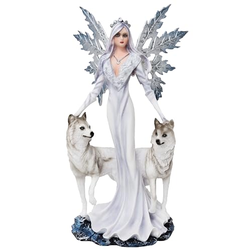 MystiCalls Winter Elfe mit Zwei Wölfen - Fairy Figur Fantasy Elfenfigur von MystiCalls