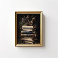 Bücher Victoria Kunstdruck Bücherstapel Mit Pflanzen Wandbild, Dark Academia, Gothic Poster, Dunkle Künste, Cottagecore Gemälde von MysticShadowCrafts