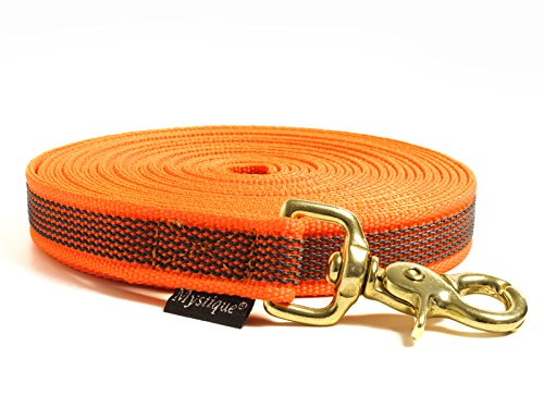 Mystique® Gummierte Schleppleine 20mm mit Handschlaufe Messing Scherenkarabiner neon orange 7,5m von Mystique