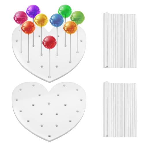 MytaYt 2 Stück Weiß Herzförmig Cake Pop Ständer 20 Löcher Acryl Cake Pop Halter Ständer Cakepopständer mit 100 Stück Cake Pop Stiele für Geburtstag Party, Hochzeit, Babypartys, Abschlussball von MytaYt