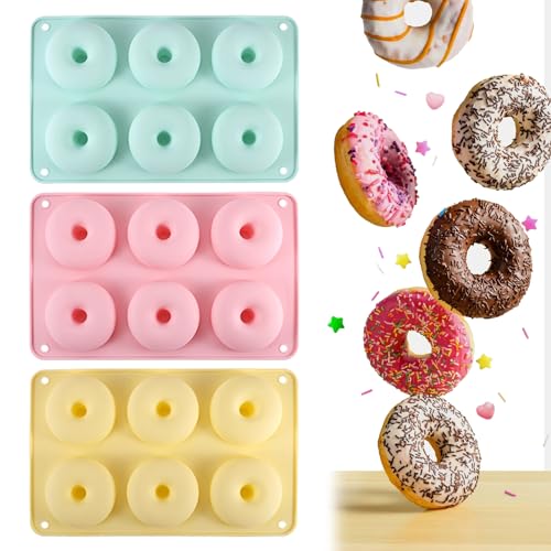 MytaYt 3 Stück Donut Form mit 6 Mulden Silikon Donut Formen Donut Formen Silikon Donut Backform Antihaft Donut Backblech für Kuchen Bagels Muffins (Rosa, Grün, Gelb) von MytaYt