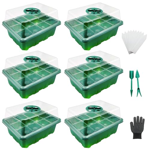 MytaYt 6 Stück 72 Zellen Grün Aussaatkasten Waben Mini Gewächshaus für Aussaat Innen Innen Tablett Aussaat Box Anzuchtbox wiederverwendbar mit 2 Werkzeugen, 10 Etiketten und Handschuhe Pflanzen von MytaYt