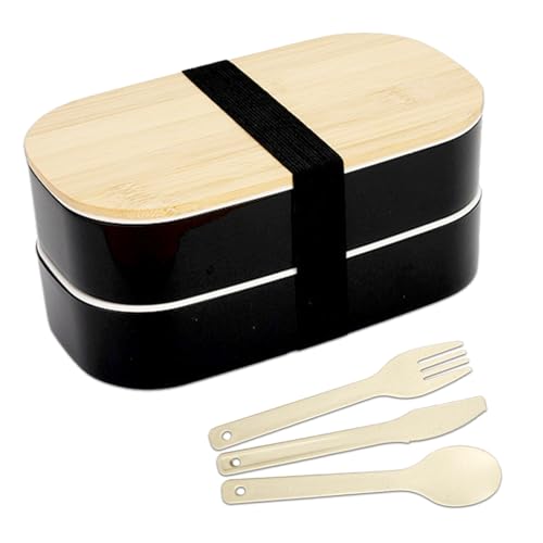 MytaYt Bento Box, Jausenbox Erwachsene1300ML Holzabdeckung Bento Box Japanisch Doppelschicht bringen 3 teiligem Besteck Messer, Gabel und Löffel, Perfekt für Arbeit, Schule von MytaYt