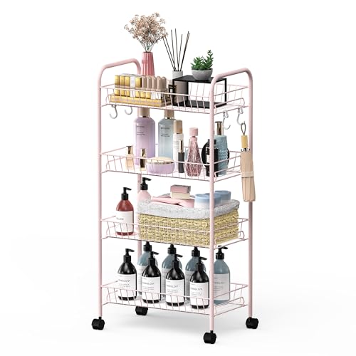 Mythinglogic Rollwagen 4 Ebenen, Metall Aufbewahrungswagen auf Rollen, Servierwagen Küchenwagen Organizer Wagen mit Haken für Badezimmer, Schlafzimmer, Waschküche,Wohnzimmer (rosa) von Mythinglogic