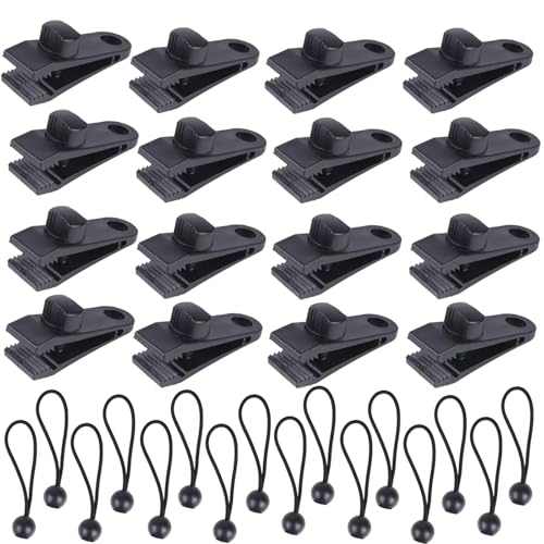 16 Stück Planenclips + 16 Stück Spanngummis mit Kugeln 15 cm - Zeltplane Clips Planenzubehör - Zeltplanenclips Planenbefestigung, Planenspanner Planenclips-Set für Zelt-Camping-Vorzelte von Mythosurge