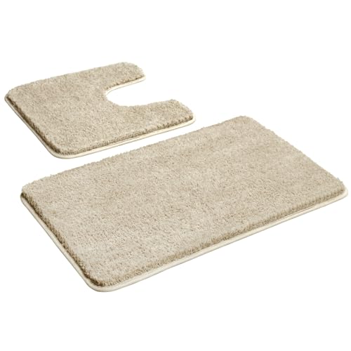 Myting Bad Teppiche Set Weich Mikrofaser Badematte Beige, Badezimmerteppich Set 2 Teilig Badvorleger Waschbar Duschvorleger rutschfest, Flauschiger Badteppich und wc Teppich mit Ausschnitt von Myting