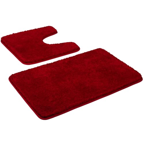 Myting Bad Teppiche Set Weich Mikrofaser Badematte Rot, Badezimmerteppich Set 2 Teilig Badvorleger Waschbar Duschvorleger rutschfest, Flauschiger Badteppich und wc Teppich mit Ausschnitt von Myting