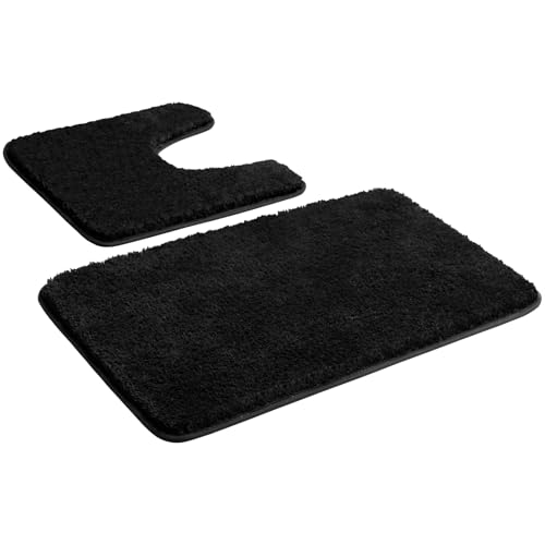 Myting Bad Teppiche Set Weich Mikrofaser Badematte Schwarz, Badezimmerteppich Set 2 Teilig Badvorleger Waschbar Duschvorleger rutschfest, Flauschiger Badteppich und wc Teppich mit Ausschnitt von Myting