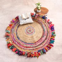 Großer Rundteppich 1, 50 Meter Aus Recycelten Materialien Mit Fransen/Materialmix Geflochtener Recycelter Baumwolle Und Jute Akzentteppich von MytriDesigns