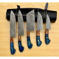 Handgemachtes Damaskus Koch Set Von 5 Stück Mit Leder, Damaskus Messer Set, Damaskus Chef Messer, Vollküche von MyvinylsWorld